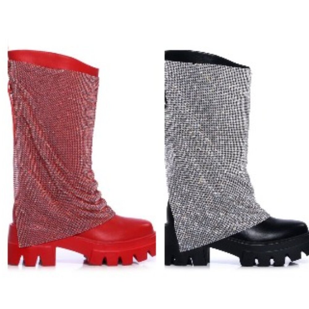 BLOOMFIELD RHINSTONE CRYSTAL BLING CHAINMAIL BOOTS - RED 7